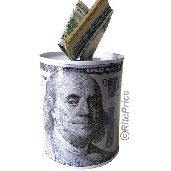 Ben Franklin $100 Bill Money Coin Saver Tin Money Savings 6" Piggy Bank (1 Pack) - Picture 8 of 9